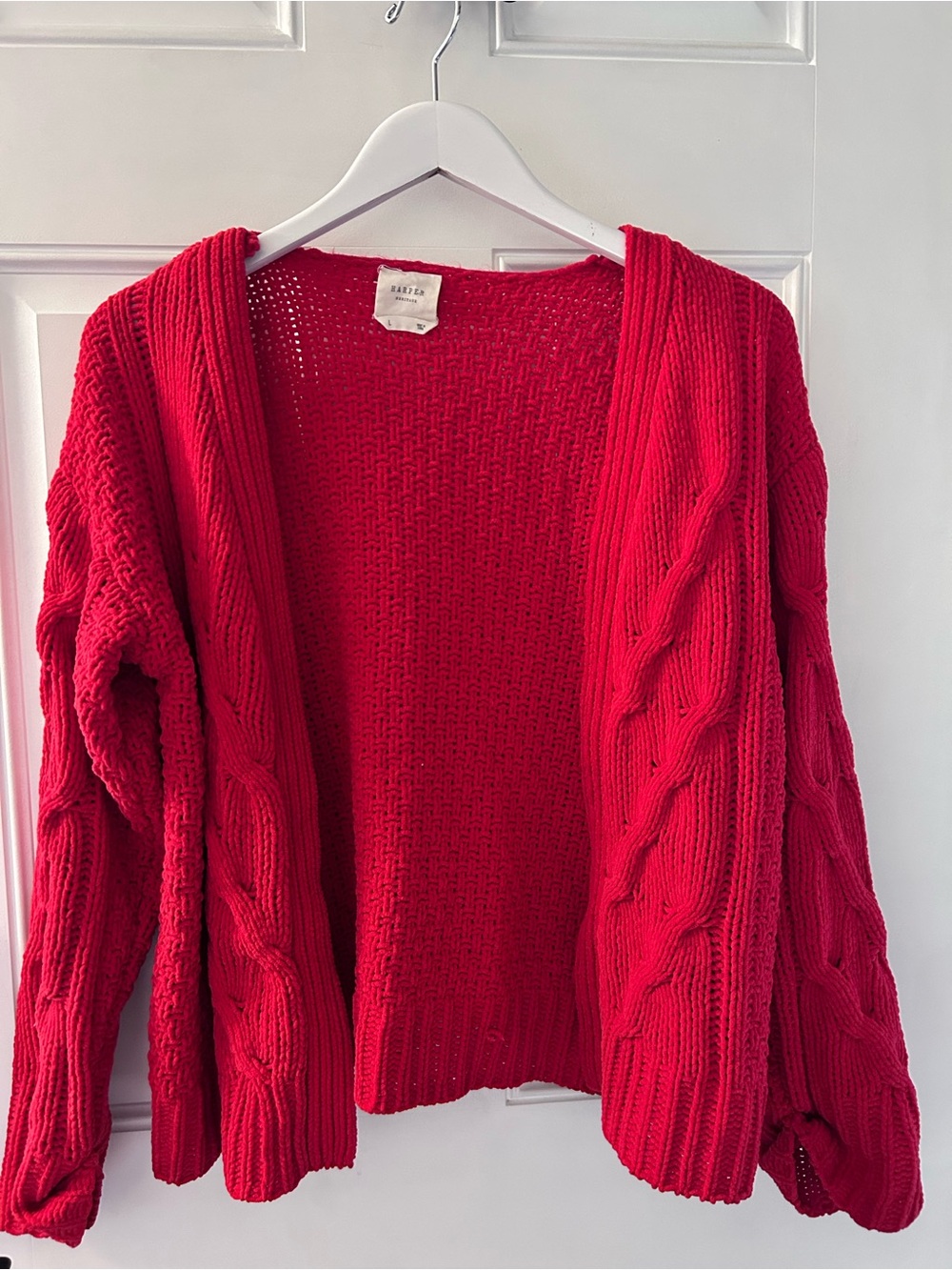 Bright Red Cable-Knit Open Cardigan